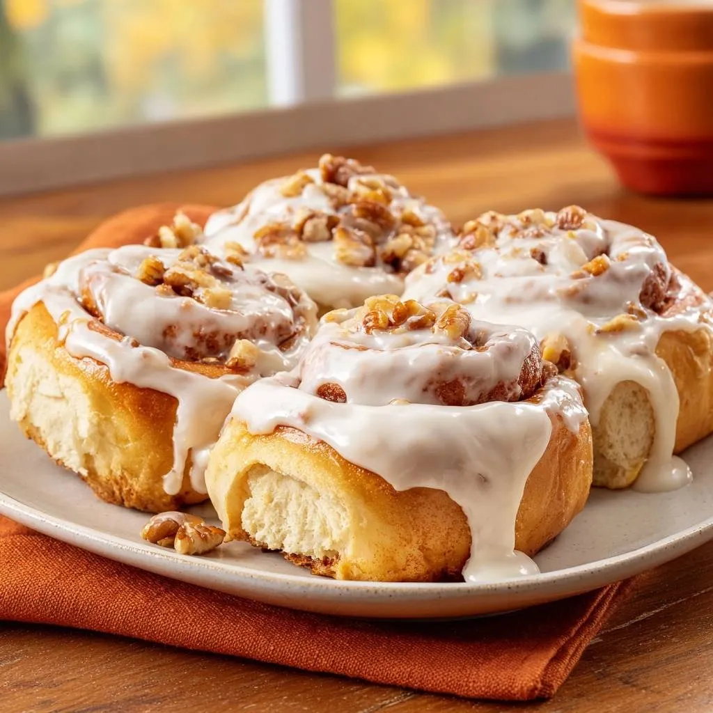Gooey walnut cinnamon rolls plated and drizzled with icing, showing a close-up view of the fluffy interior.