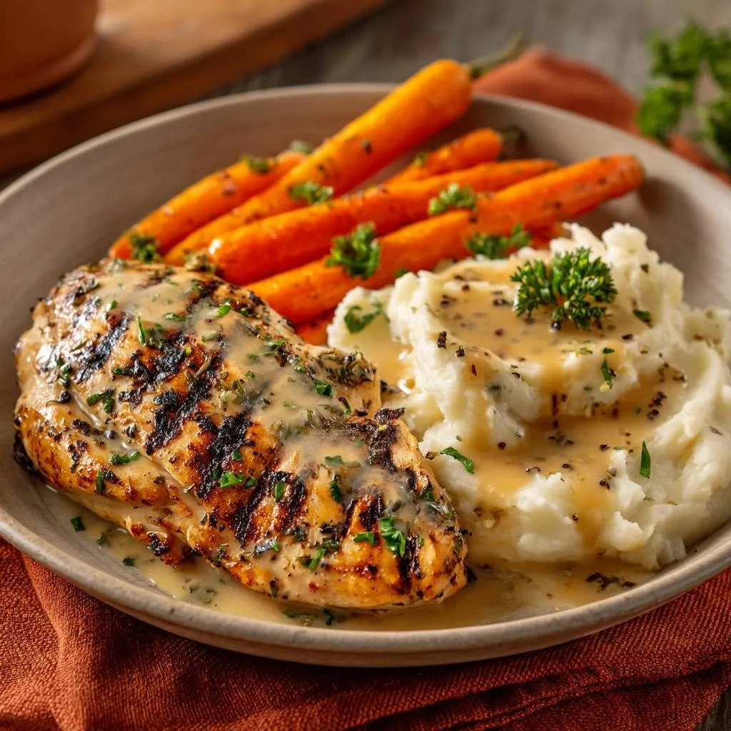 Juicy grilled chicken with herb cream sauce, mashed potatoes & baby carrots plated with a side view.