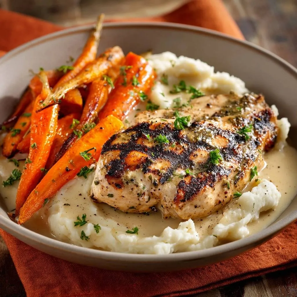 Juicy grilled chicken with herb cream sauce, mashed potatoes, and baby carrots served in a bowl.