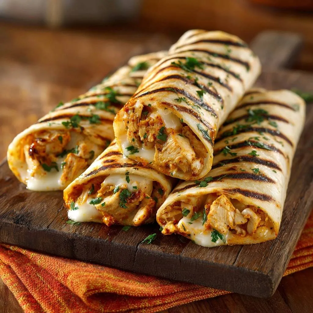 Crispy grilled chicken quesadillas shown in a close-up cross-section revealing melted cheese and seasoned chicken filling.