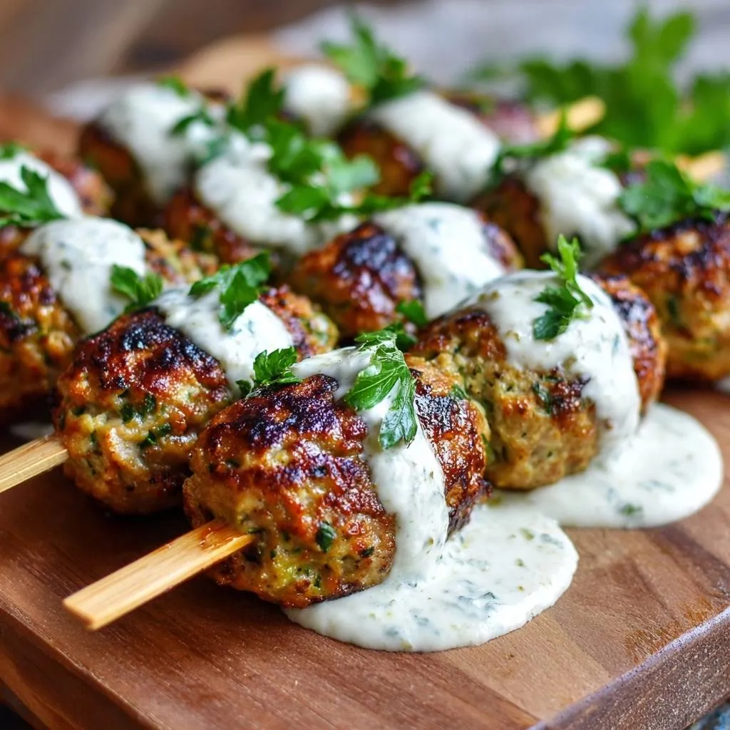 Grilled herbed chicken meatball skewers drizzled with a creamy herb sauce and garnished with parsley.