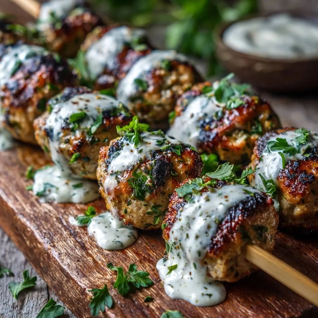 Grilled herbed chicken meatball skewers are generously drizzled with a creamy sauce and garnished with fresh parsley.