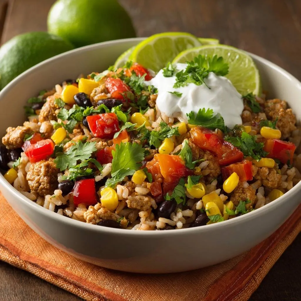 Juicy ground turkey burrito bowl recipe garnished with sour cream, cilantro, and lime wedges