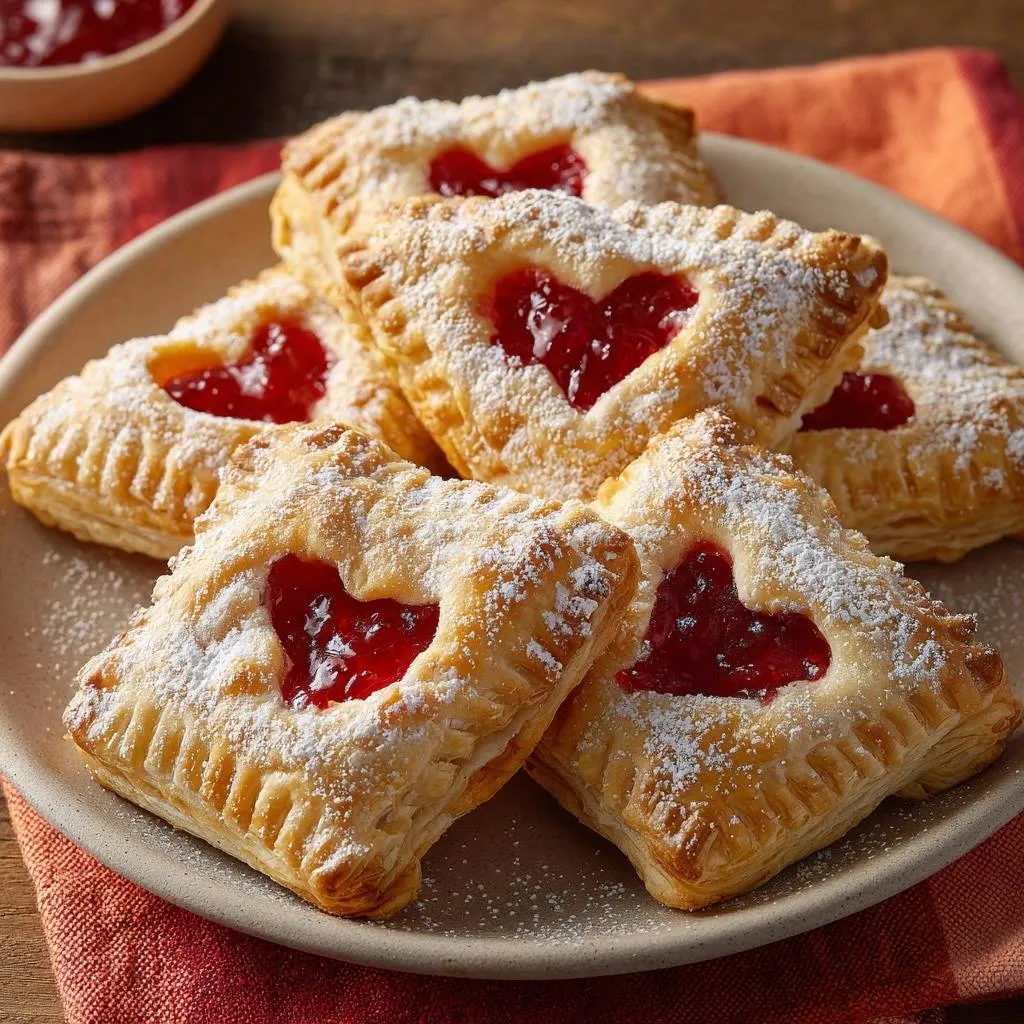 Heart-shaped jam pastries are arranged closely on a plate, dusted with powdered sugar.
