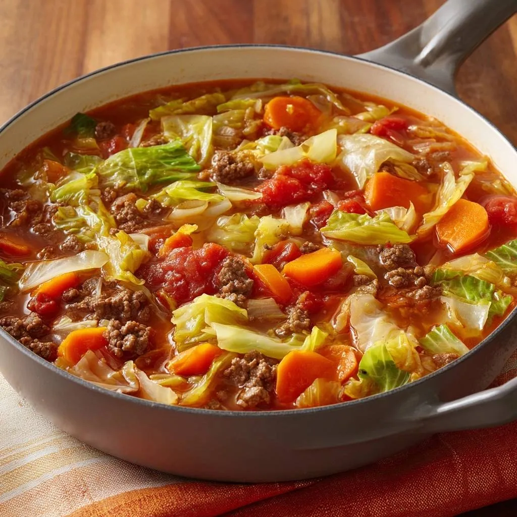 Hearty beef cabbage soup in a pan, featuring tender chunks of beef, carrots, and wilted cabbage in a rich tomato broth.