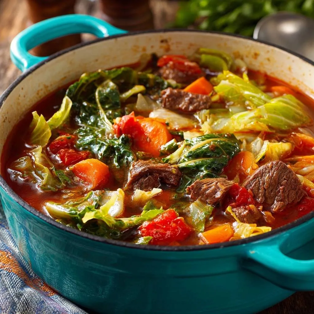Hearty beef cabbage stew served in a teal Dutch oven, showing tender beef chunks and vibrant vegetables in a rich broth.