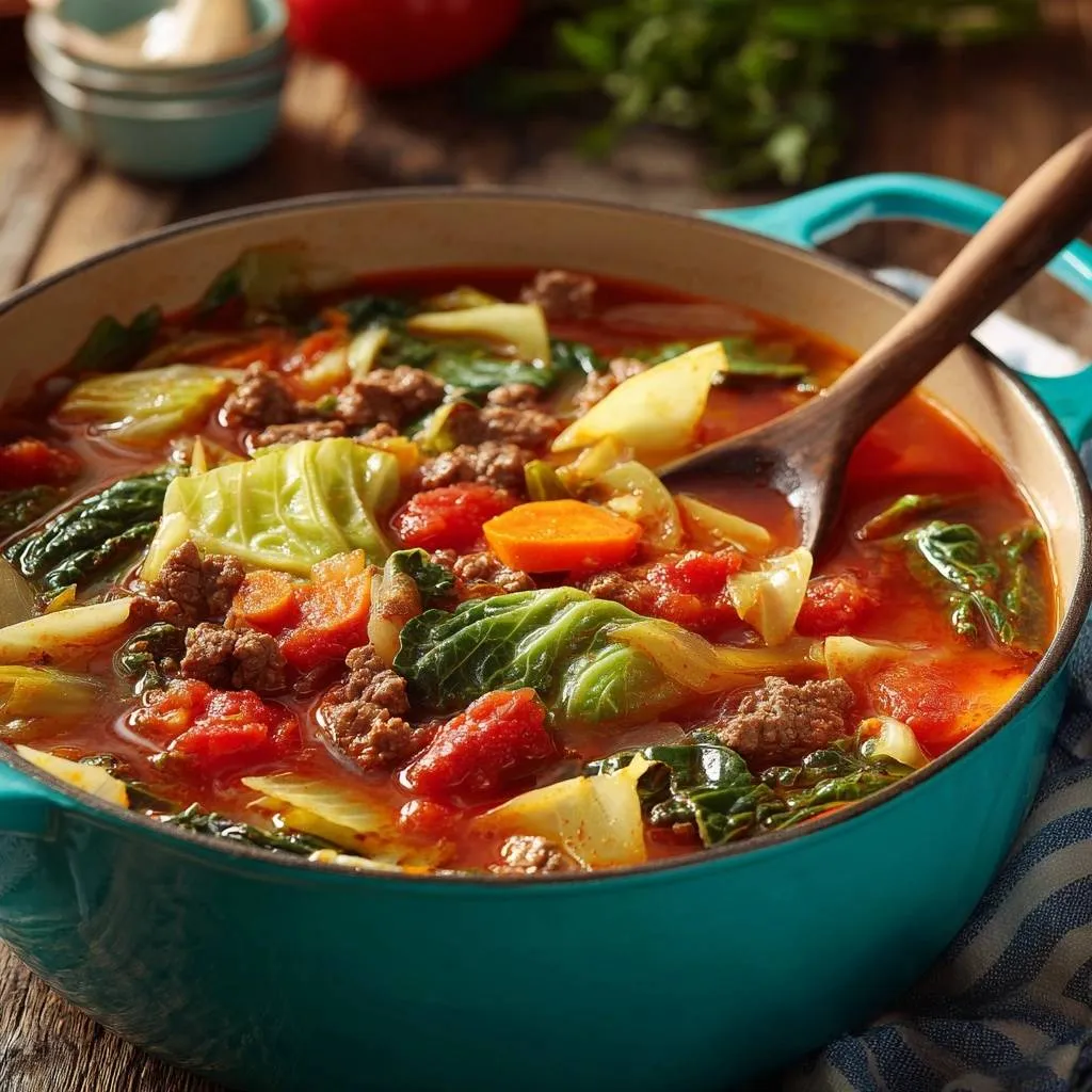 Hearty beef cabbage stew served in a teal Dutch oven with a wooden spoon, showcasing tender beef and vegetables.