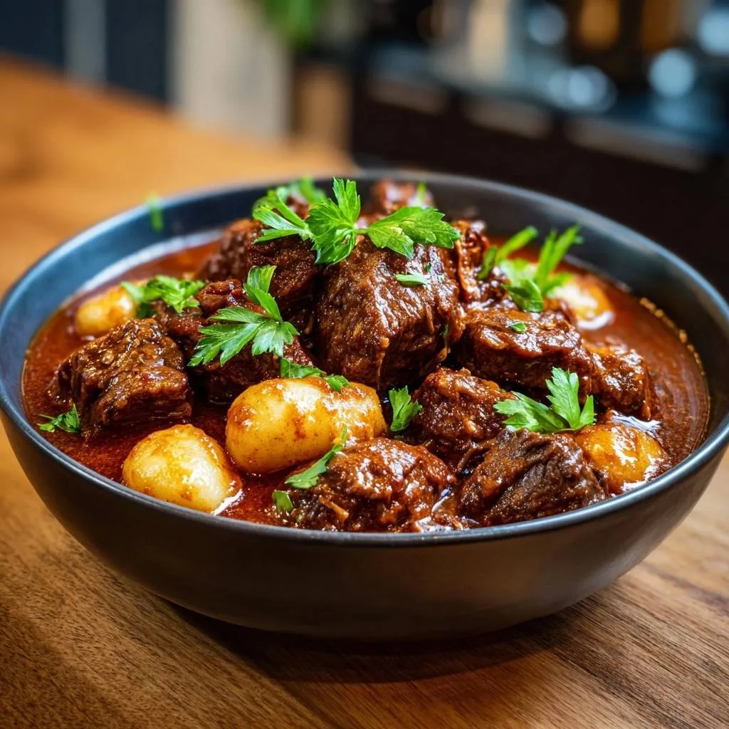Hearty beef gnocchi stew served in a dark bowl, showcasing tender beef chunks and small potatoes in a rich sauce.