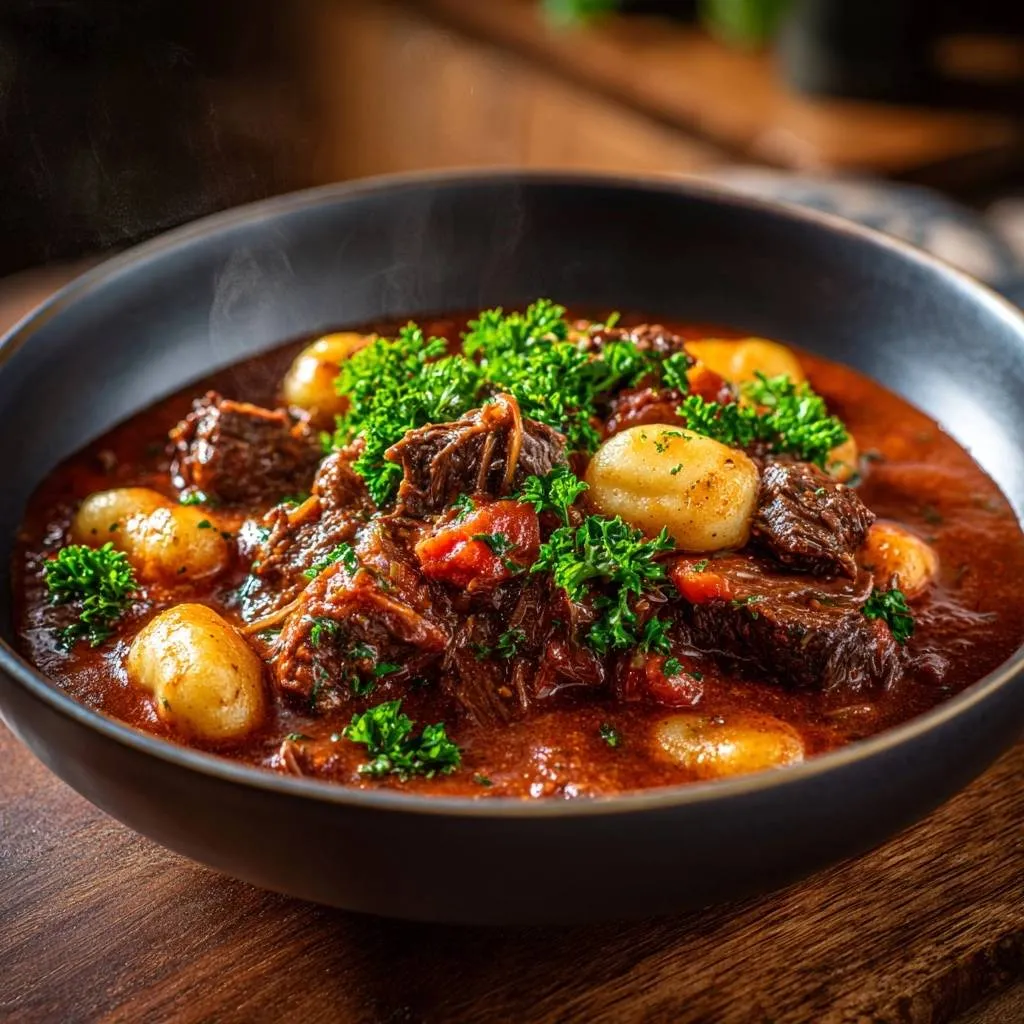 Hearty beef gnocchi stew steaming in a dark bowl, garnished with fresh parsley and tender dumplings.