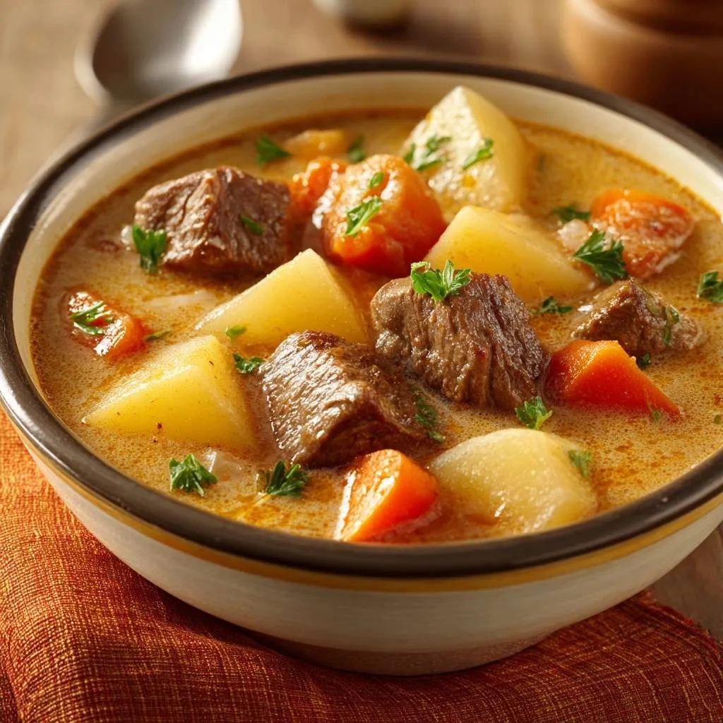 Hearty beef potato stew in a rustic bowl, showcasing tender chunks of beef, potatoes, and carrots with fresh parsley garnish.