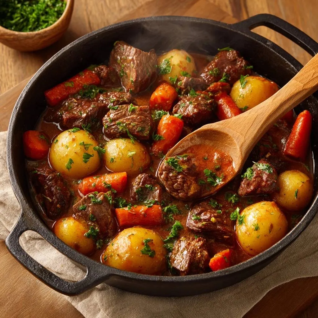 Hearty beef stew served in a black Dutch oven with a wooden spoon scooping some out, garnished with fresh parsley.