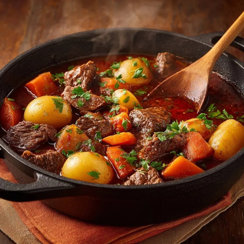 Hearty beef stew with fork-tender beef chunks steaming in a black dutch oven with a wooden spoon.