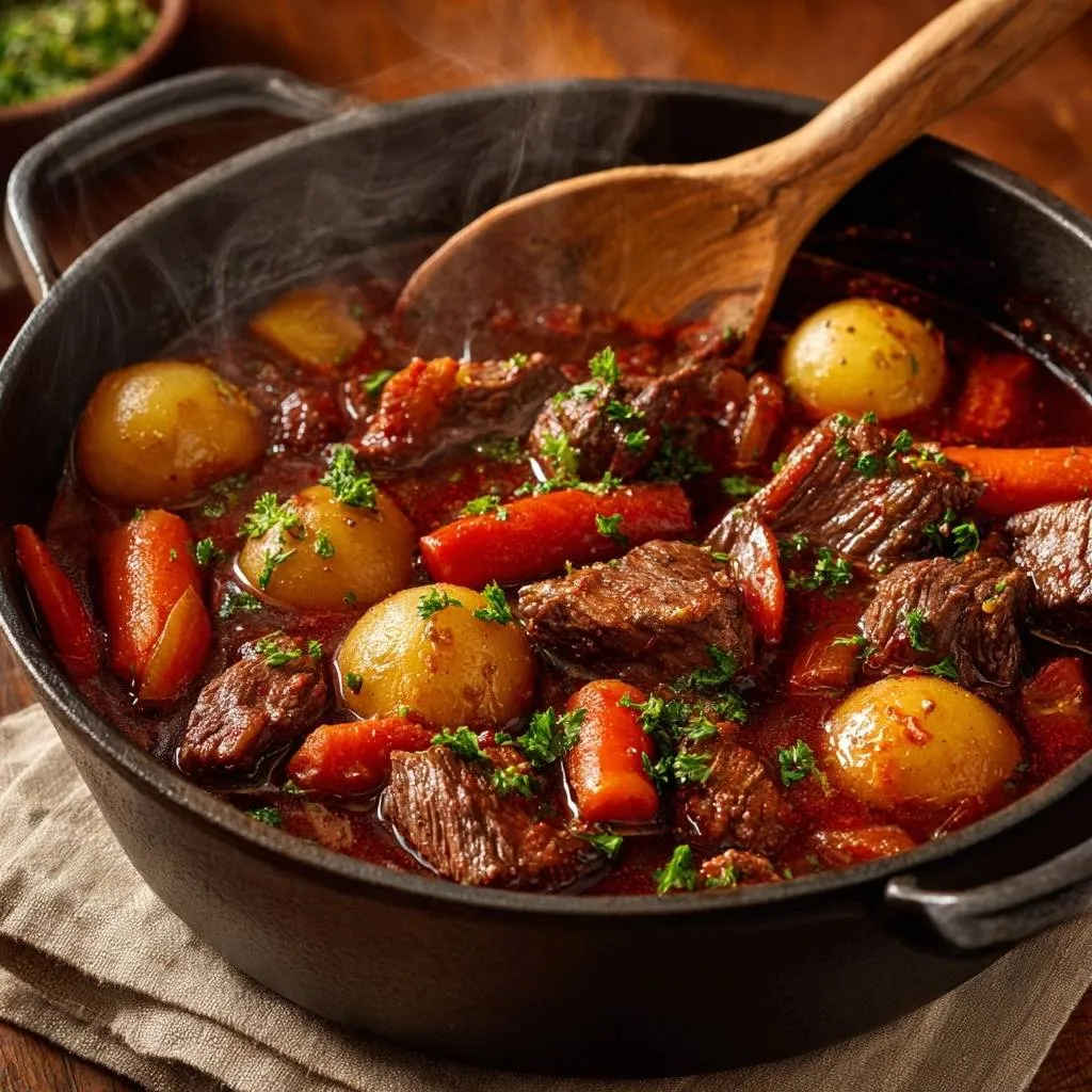 Hearty beef stew with tender chunks of meat, potatoes, and carrots, steaming in a cast iron Dutch oven with a wooden spoon.