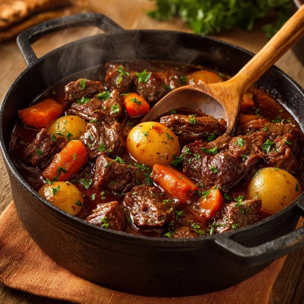 Hearty beef stew with fork-tender beef chunks steaming in a cast iron pot with a wooden spoon.