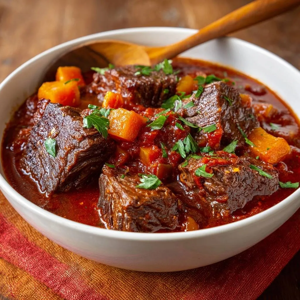 Hearty beef sweet potato goulash served in a white bowl, showing tender beef chunks and sweet potato in a rich sauce with parsley garnish.