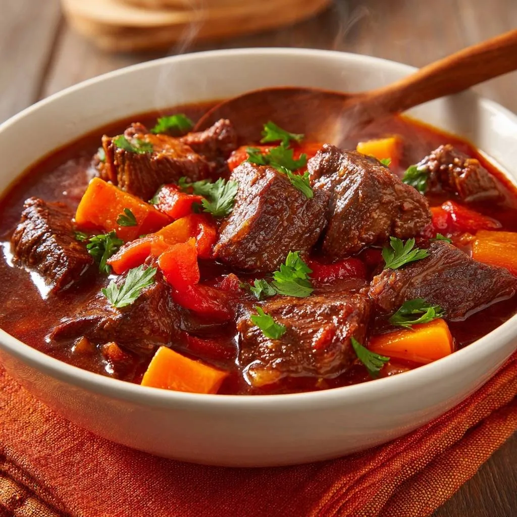 Hearty beef sweet potato goulash, a steaming bowl full of tender beef chunks, sweet potatoes, and peppers, garnished with parsley.