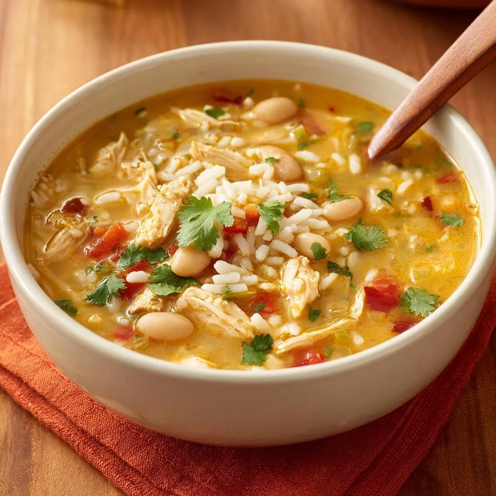 Hearty chicken white bean rice soup served in a white bowl, a close-up view showing shredded chicken, white beans, rice, and cilantro.