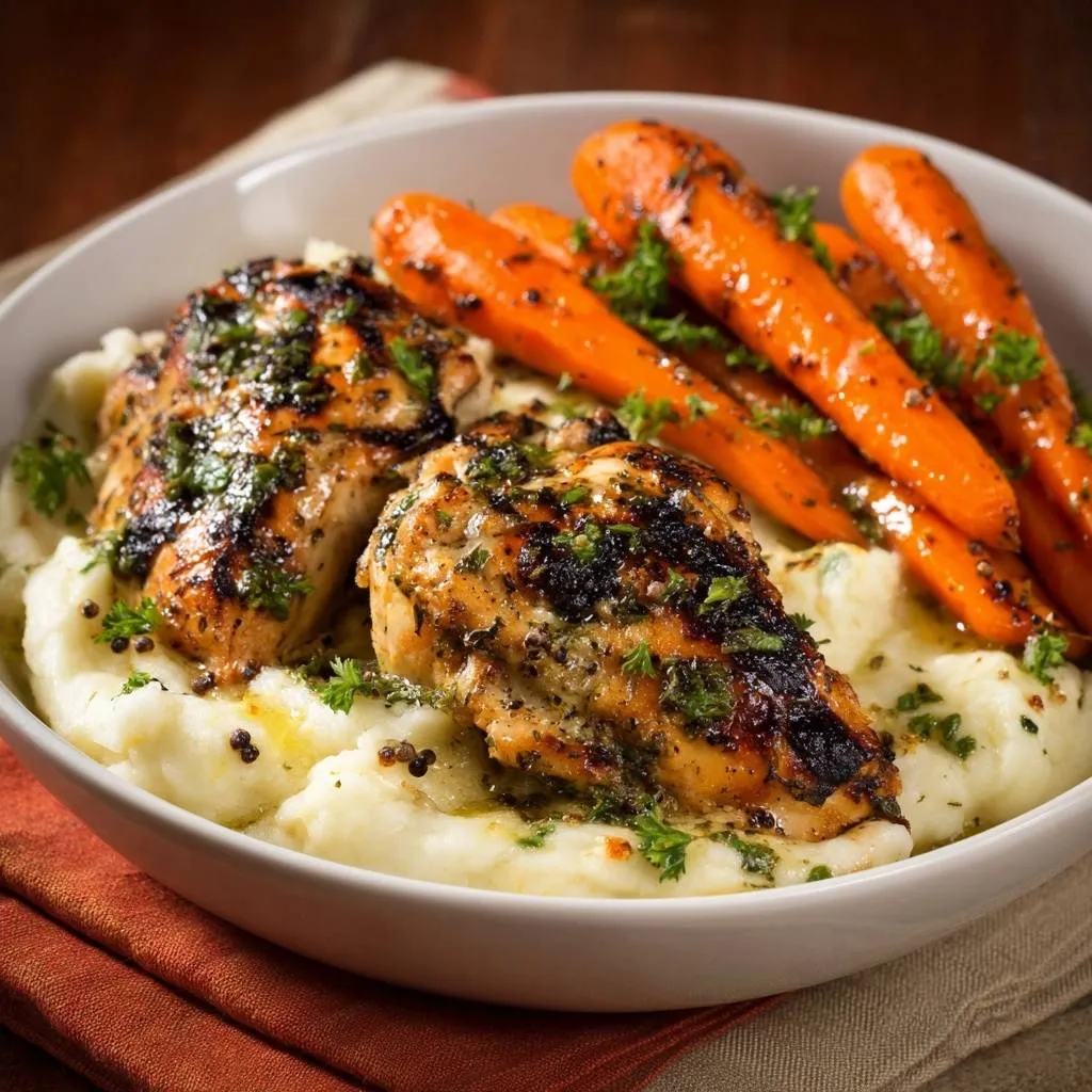 Herb-grilled chicken breasts with creamy mash and glazed carrots served in a white bowl, close-up view.