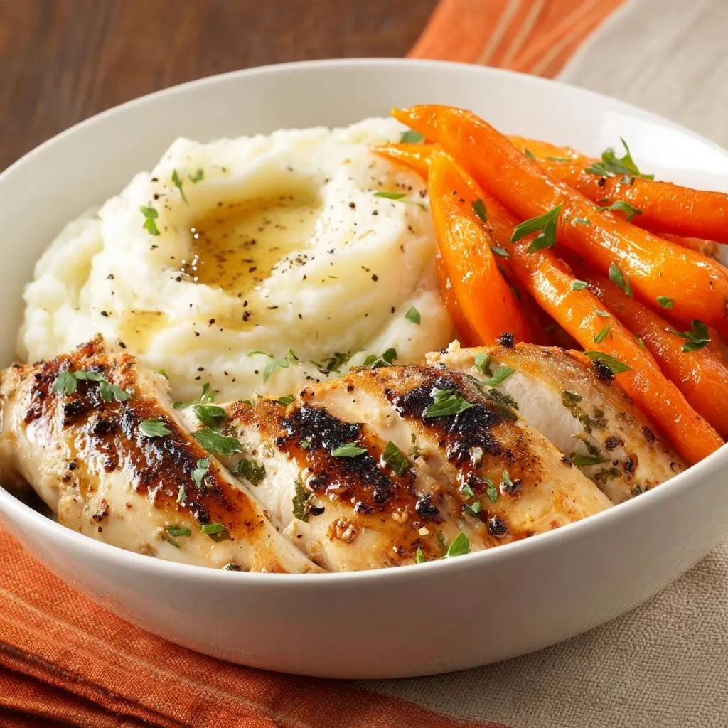 Herb-grilled chicken breasts with creamy mash and glazed carrots served in a white bowl, sliced and garnished