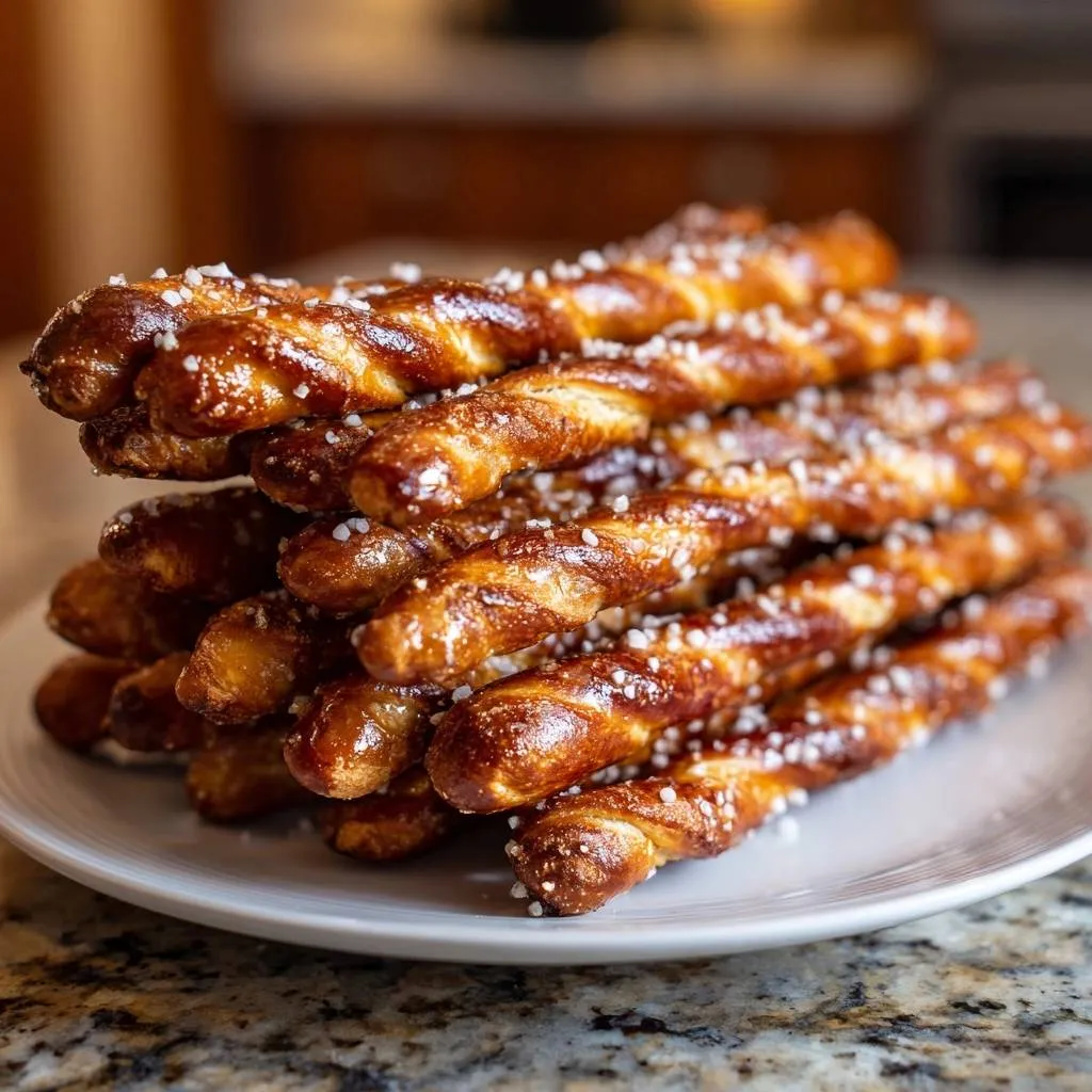Homemade soft pretzels with a golden crust, stacked high on a white plate, showcasing their twisted texture and coarse salt topping.