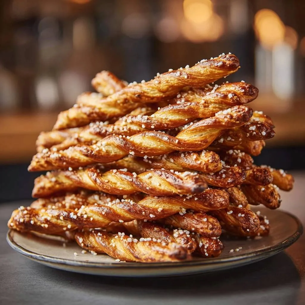 Homemade soft pretzels are stacked high on a plate, showcasing their golden twisted shape and a sprinkle of coarse topping.