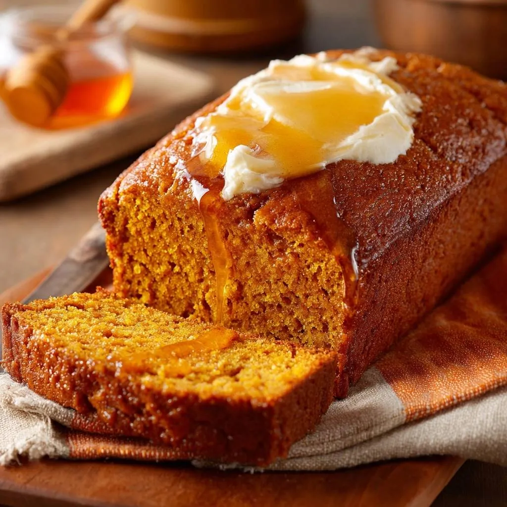 Honey butter pumpkin bread recipe with a slice cut showing the interior and drizzled with honey.