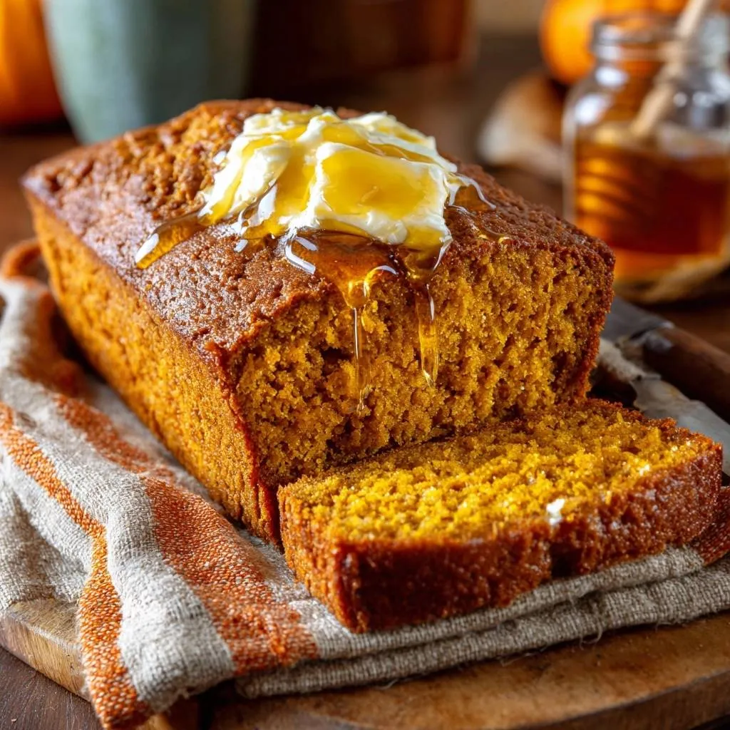 Honey butter pumpkin bread recipe sliced open with melted butter and a drizzle of honey.