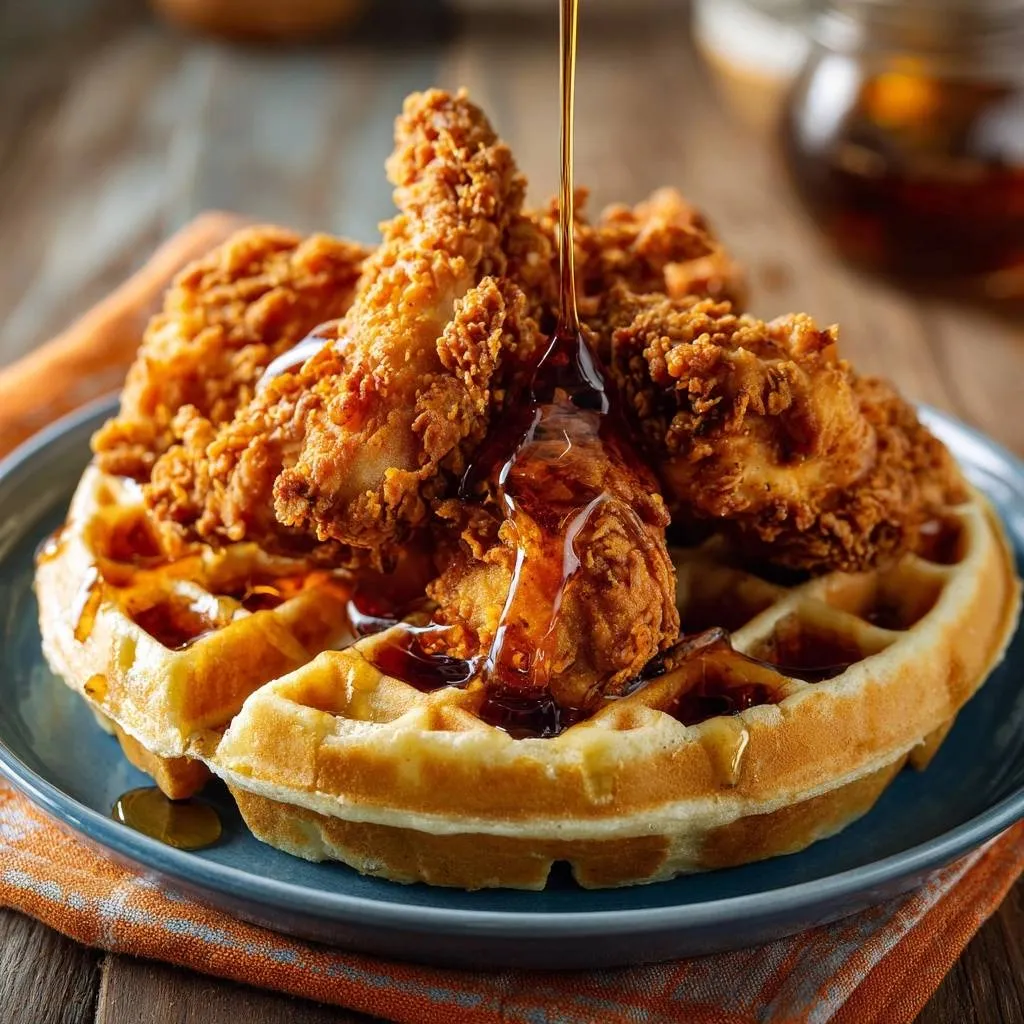 Honey fried chicken and waffles with shatterproof crunch, with syrup being drizzled over the top.