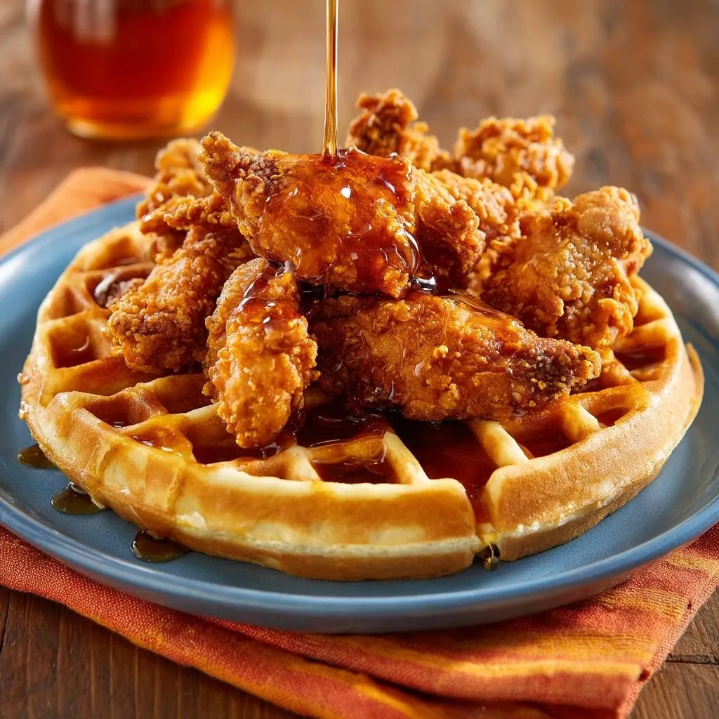 Honey fried chicken and waffles with shatterproof crunch, with syrup being drizzled over the top.