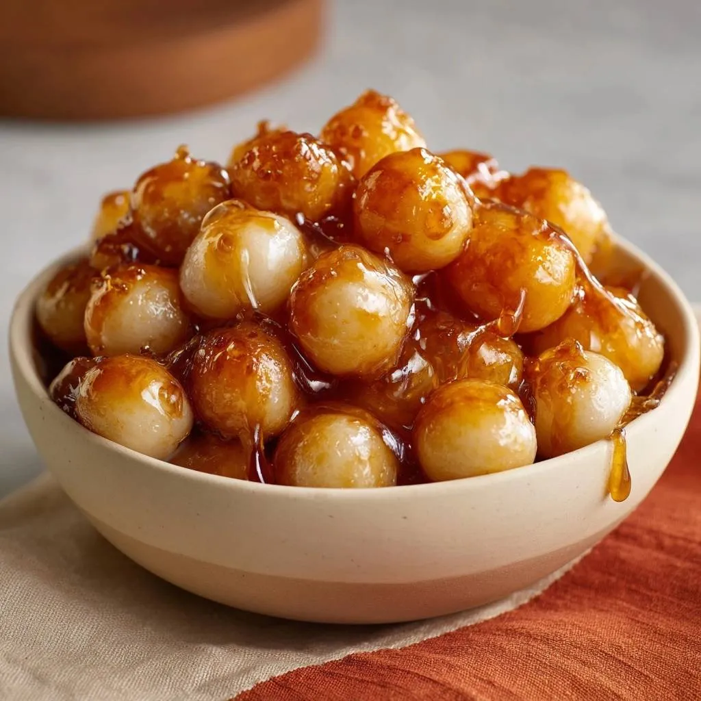 Glossy honey-glazed pearl onions piled high in a bowl, showcasing a sticky, sweet glaze detail.
