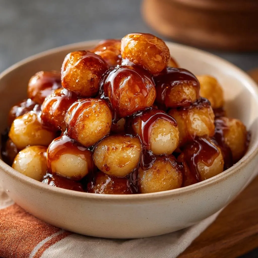 Glossy honey-glazed pearl onions with a rich sauce drizzled over them in a close-up detail shot.