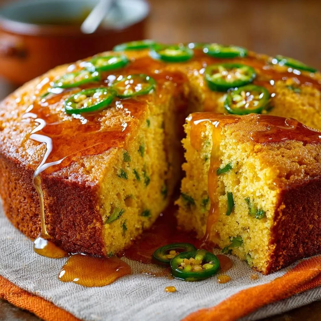 Honey jalapeño cornbread cross-section with visible jalapeños and glistening honey glaze being drizzled.