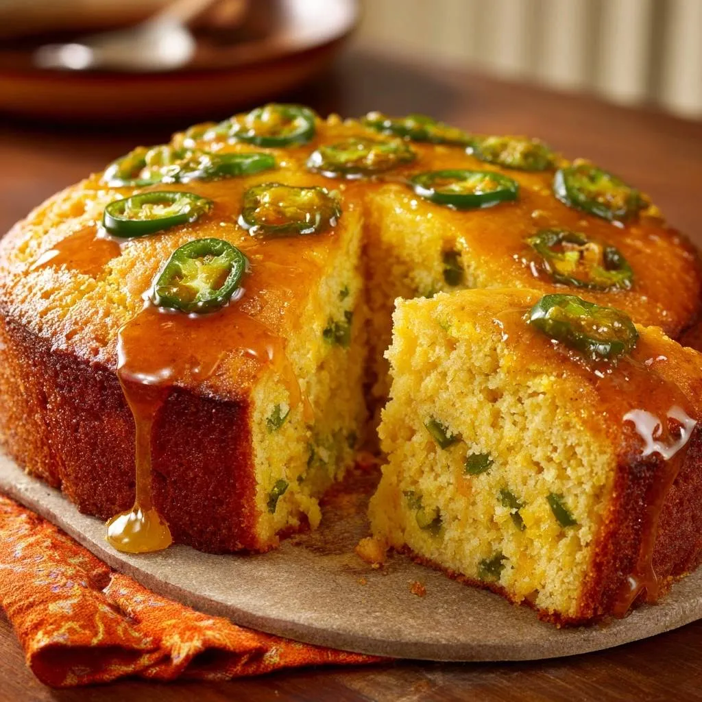 Honey jalapeño cornbread with a slice cut showing the interior and dripping glaze.