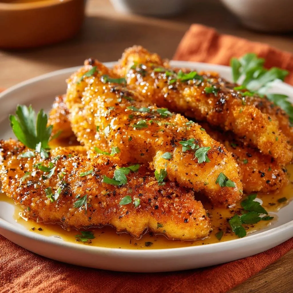 Crispy honey pepper chicken tenders close-up showing the glistening glaze and fresh parsley garnish.