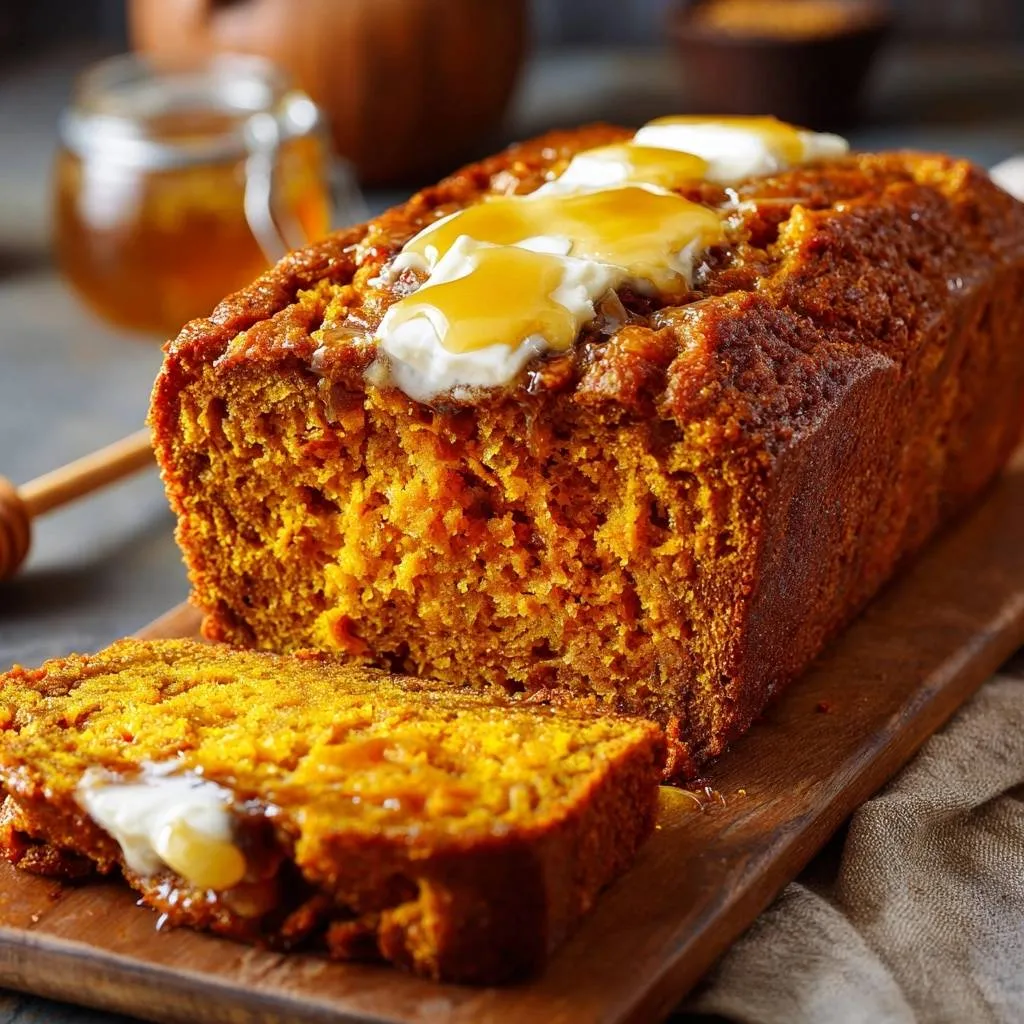 Honey pumpkin bread with butter and honey drizzled on top, showing a sliced piece with a moist interior.