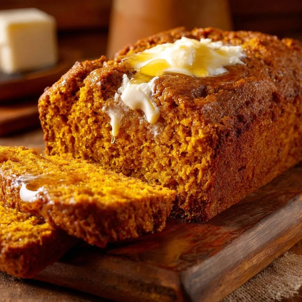 Honey pumpkin bread, sliced and topped with melting butter and honey on a wooden cutting board.