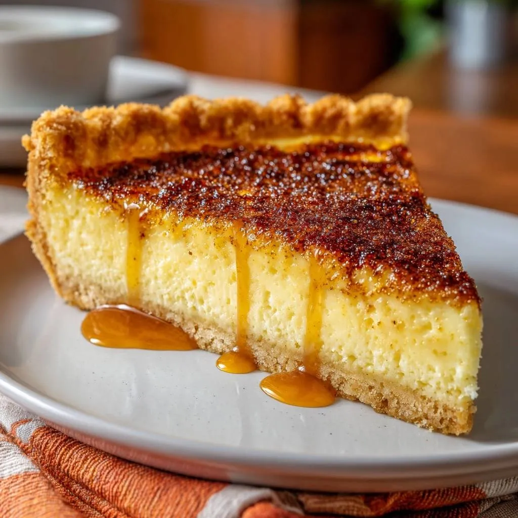 Honey sesame crème brûlée tart slice with a crisp crust, drizzled with caramel sauce on a plate.