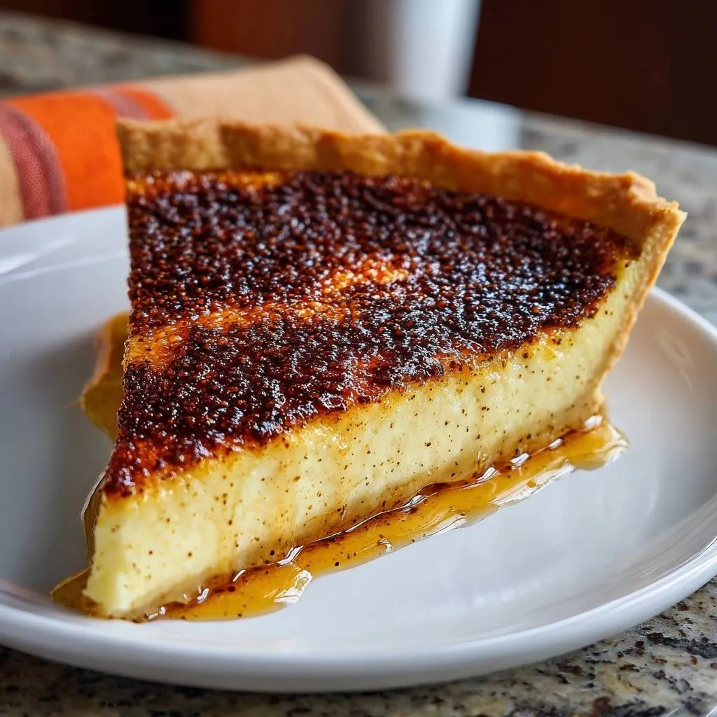 Honey sesame crème brûlée tart shown as a single slice with a glistening drizzle of honey on a white plate.