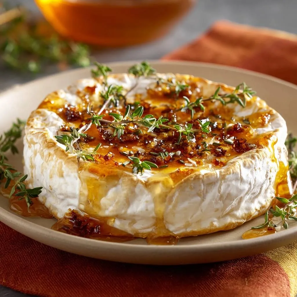 Honey Thyme Baked Brie drizzled with a golden honey glaze and fresh thyme sprigs.