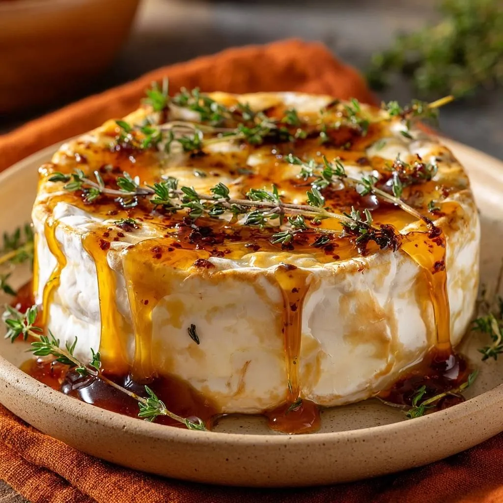 Honey thyme baked brie with gooey melt center, showing thick golden glaze dripping down the sides.