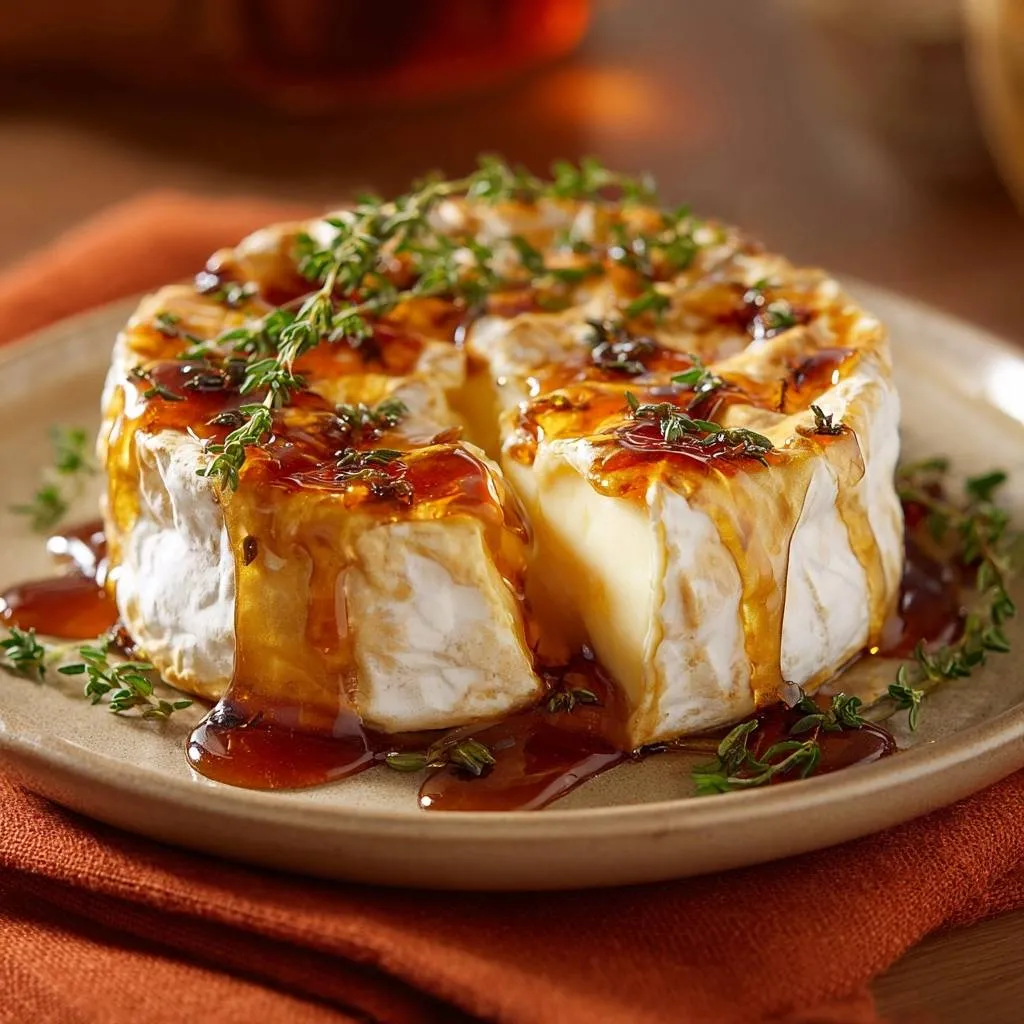 Honey Thyme Baked Brie with Gooey Melt Center, showing a close-up of the melted interior and drizzled glaze.