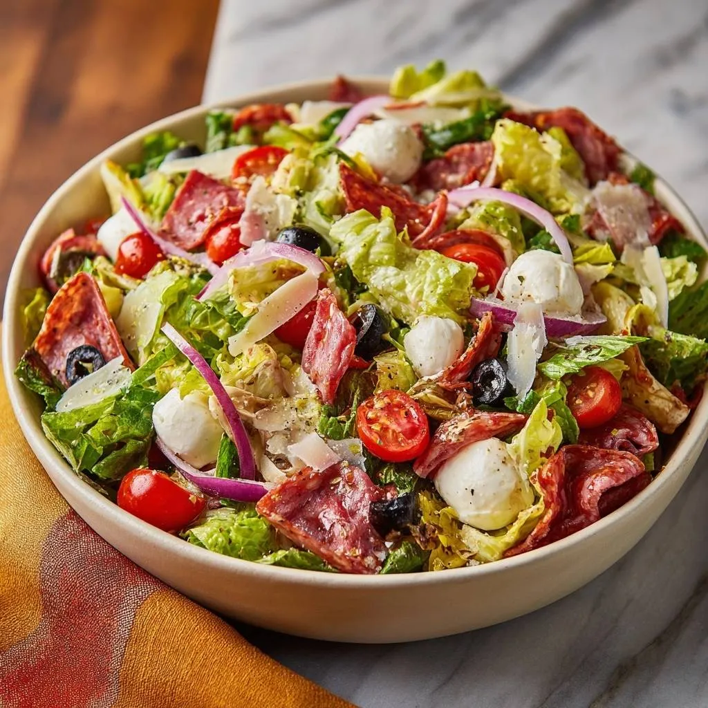 Italian antipasto chopped salad in a bowl, featuring salami, mozzarella, olives, and tomatoes with a shaved parmesan garnish.