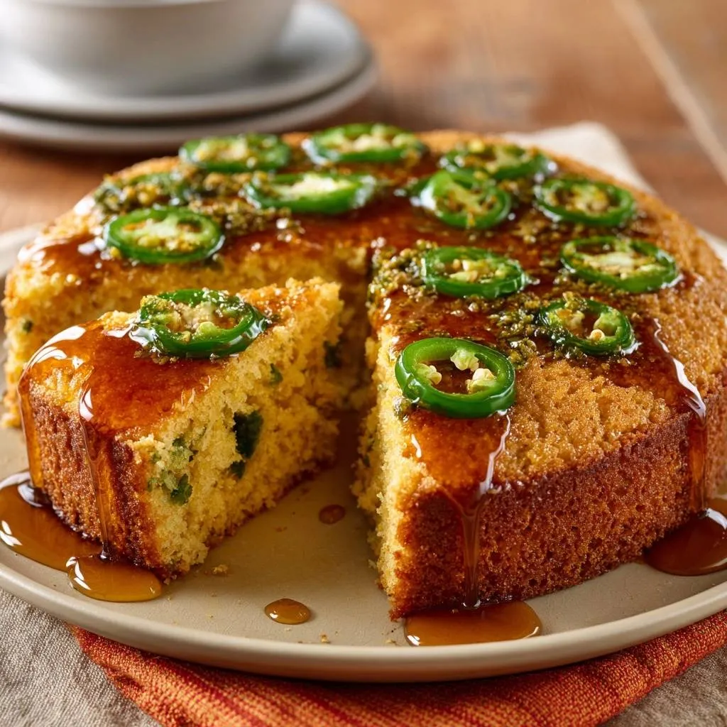 Jalapeño honey cornbread shown as a sliced round with a detailed cross-section revealing its moist interior.