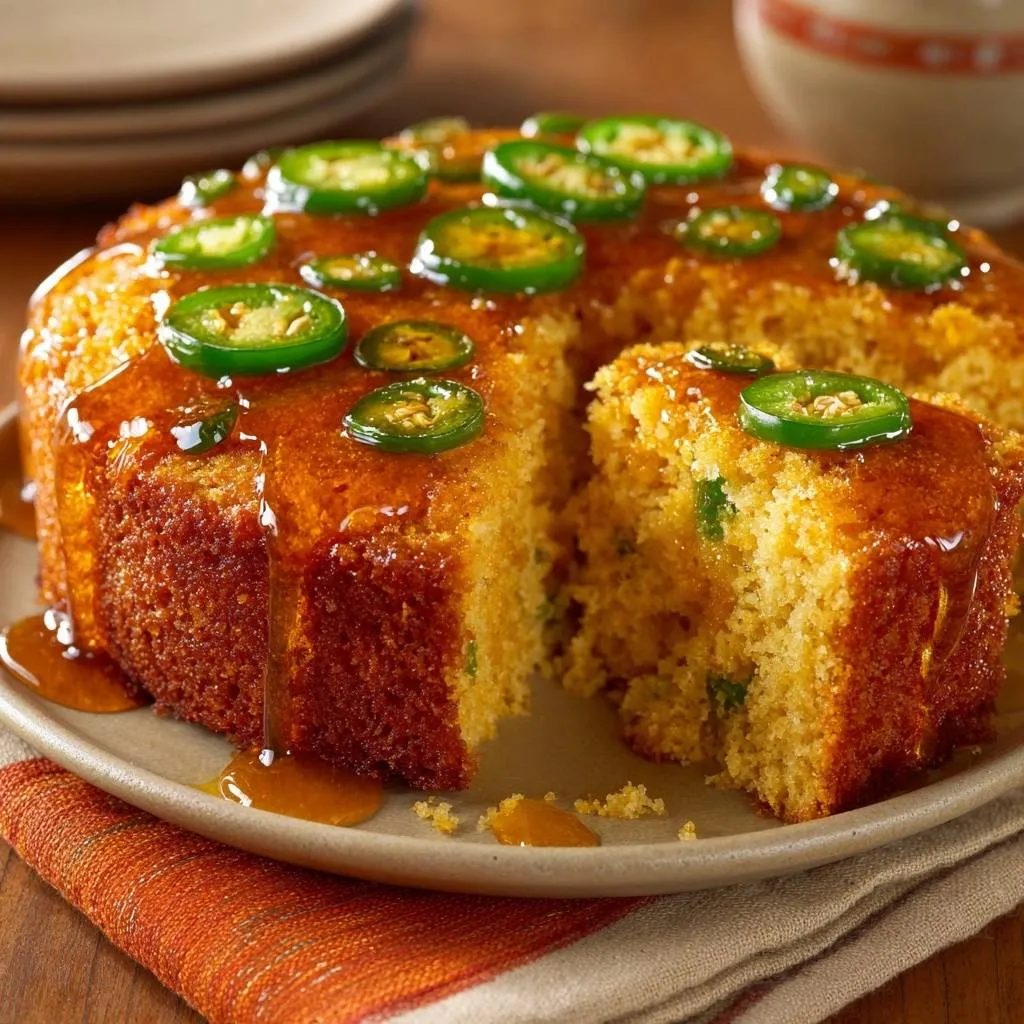 Jalapeño honey cornbread, a slice cut out showing its moist interior and topped with glistening honey glaze and fresh jalapeño slices.