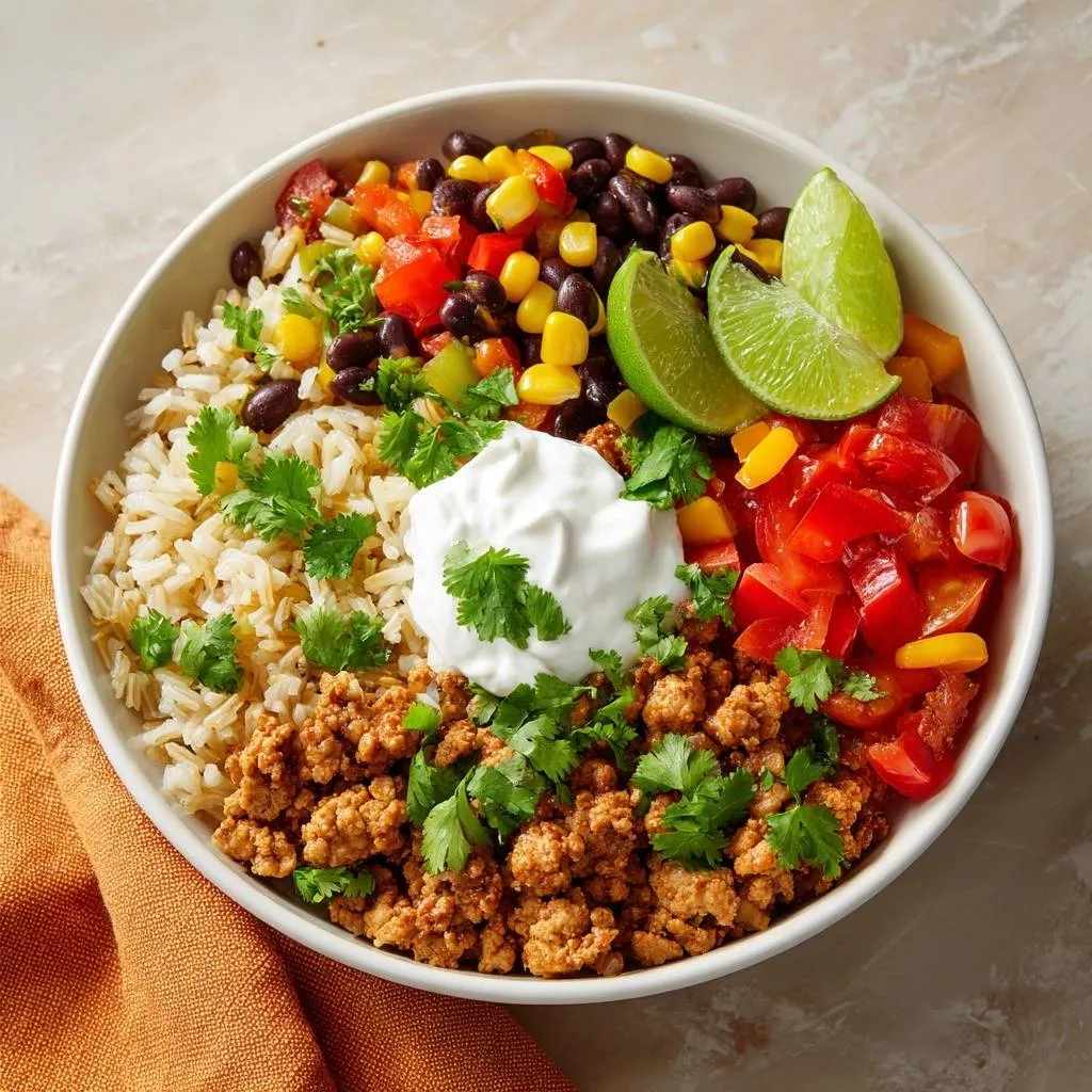 Juicy ground turkey burrito bowl recipe shown from an overhead view with rice, beans, corn, tomatoes, and sour cream.