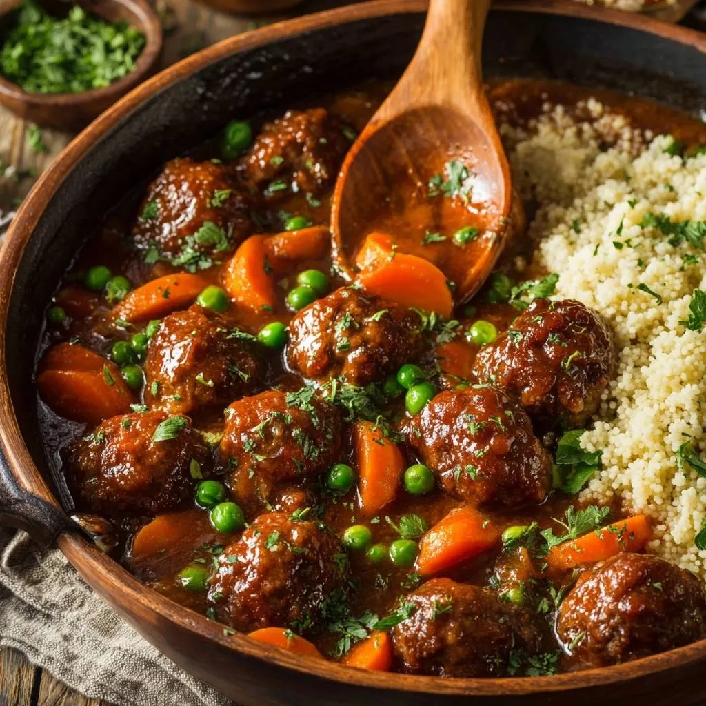 Juicy meatball stew with carrots, peas, and couscous, shown in a close-up view with a wooden spoon scooping a serving.