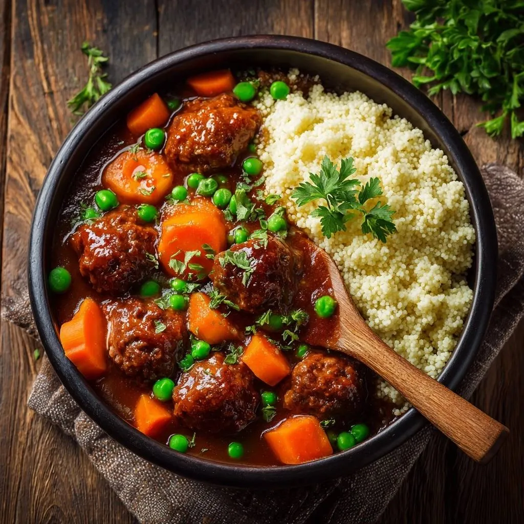 Juicy meatball stew with carrots, peas, and couscous served in a dark bowl with a wooden spoon, overhead view.