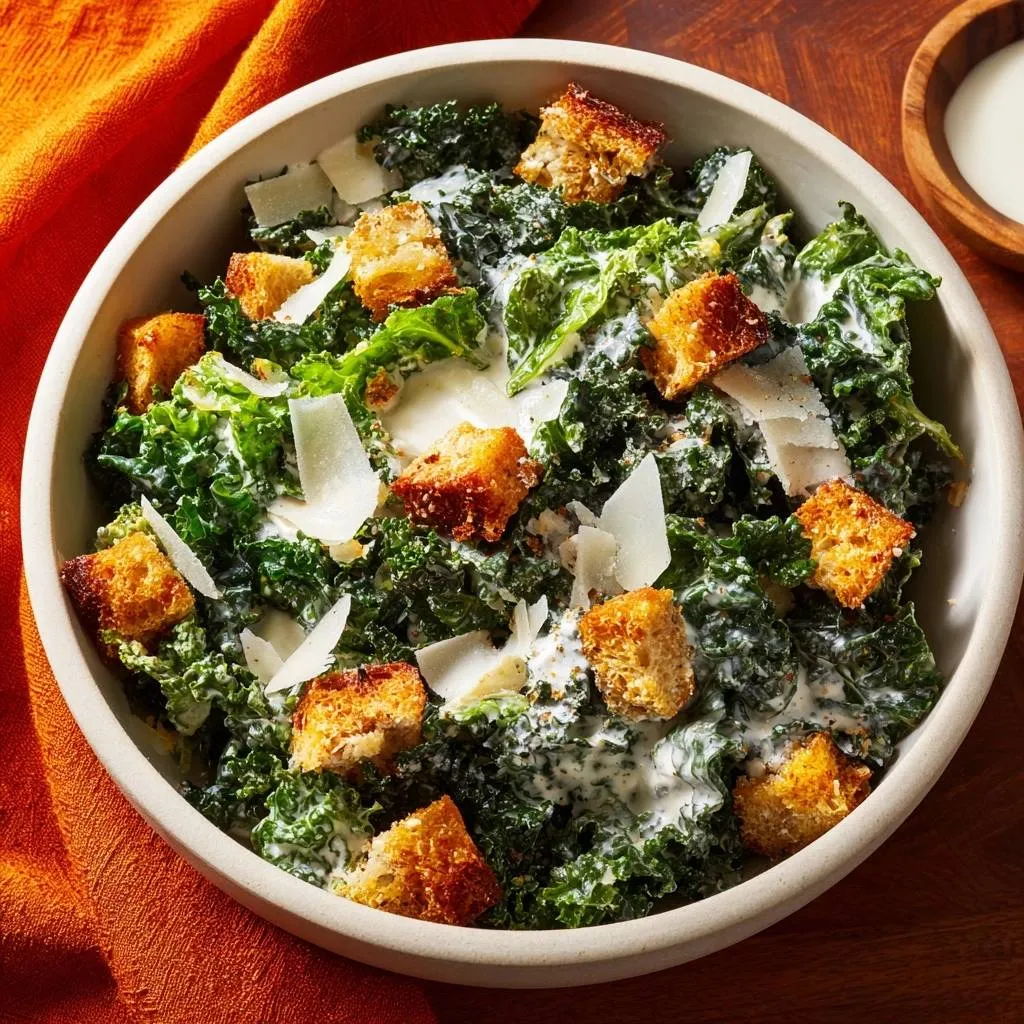 Kale Caesar salad with tender massage technique, served in a bowl with croutons and shaved Parmesan.