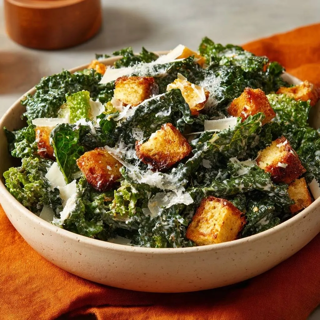 Kale Caesar salad with tender massage technique, featuring a close-up view of golden croutons and shaved Parmesan cheese.