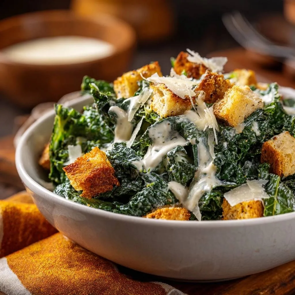 Kale Caesar salad with tender massaged leaves, topped with creamy dressing and golden croutons, presented in a white bowl.